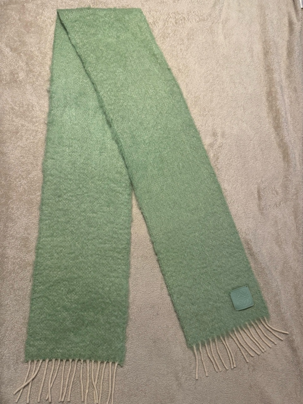 Loewe Mohair Wool Anagram Leather Patch Fuzzy Mint Green Fringe Scarf